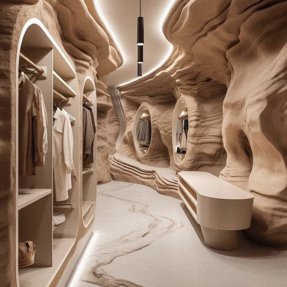 interior view of a dressing room with organic sand-coloured walls and wardrobes