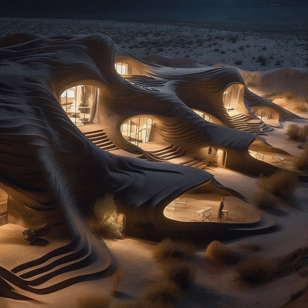 Desert like landscape with sand dunes and a dune-shaped building by night as seen from the outside