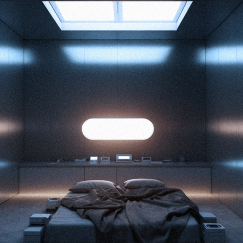 Spacecraft Interior Design, futuristic bedroom with overhead window