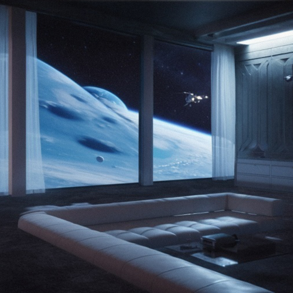 Spacecraft Interior Design, futuristic lounge with sofa and view into a blue planetary landscape and space above