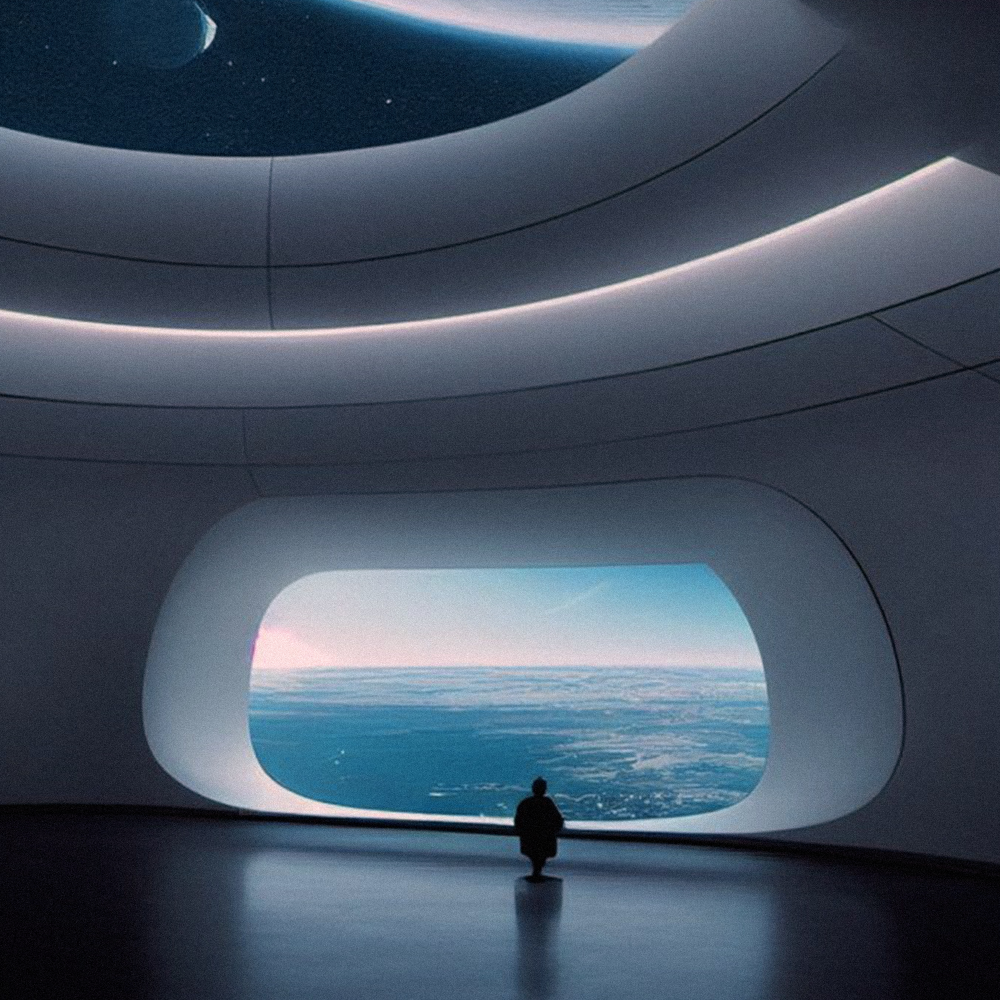 Spacecraft Interior Design, large futuristic room with big window with a view down on earth and a person standing in front of it looking outside