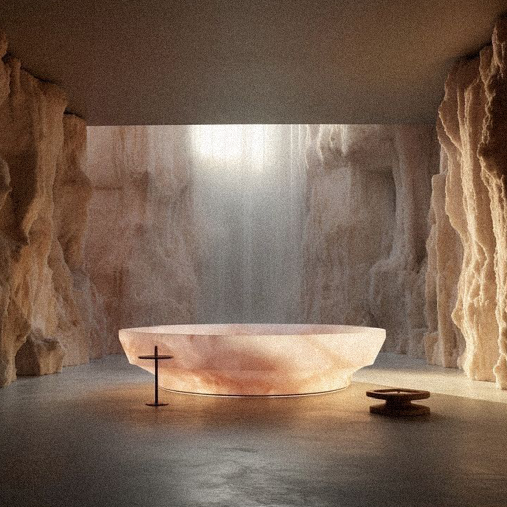 large room in beige colours with a slightly transparently glowing bath tub in the middle